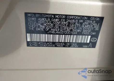 2007 Lexus Es 350 from USA, damaged, VIN JTHBJ46G272007644